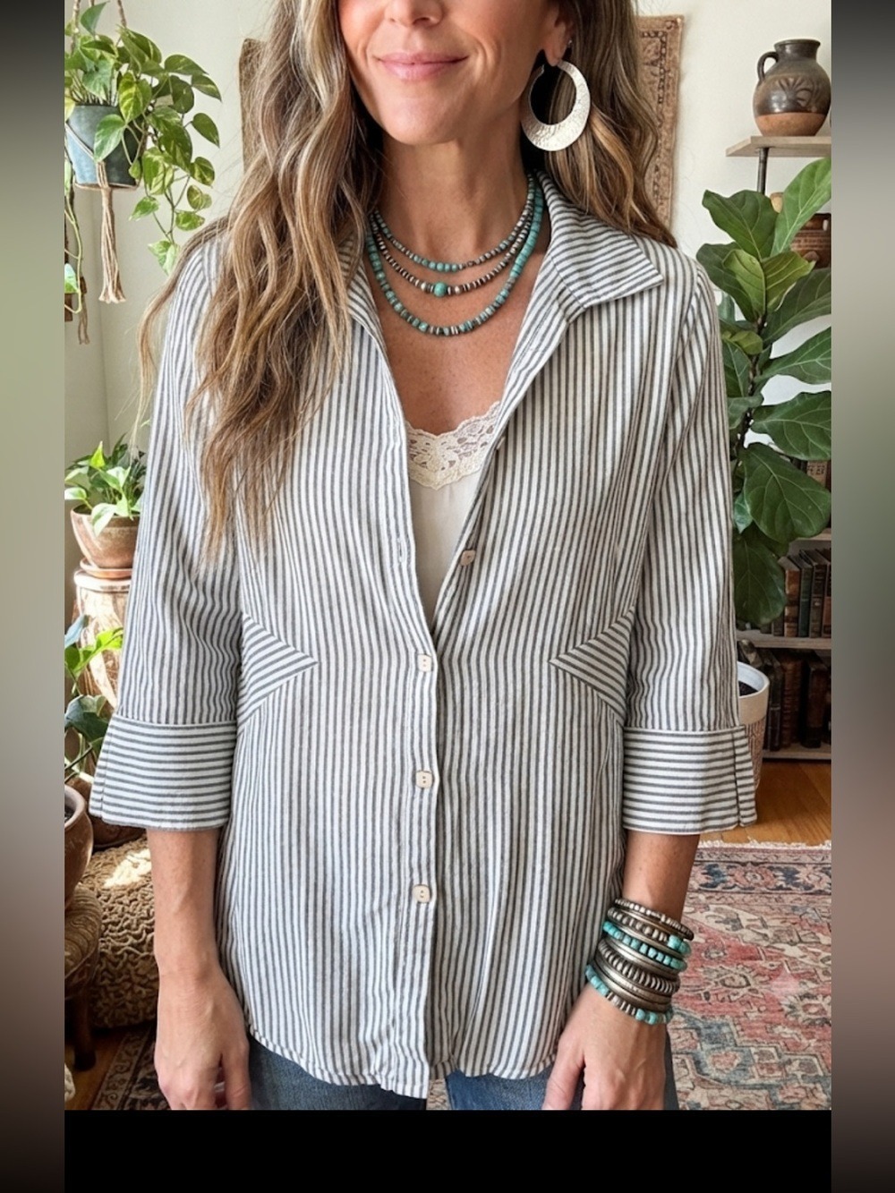 Habitat Clothes to Live In Striped Crinkle Tunic Shirt Gray White XS